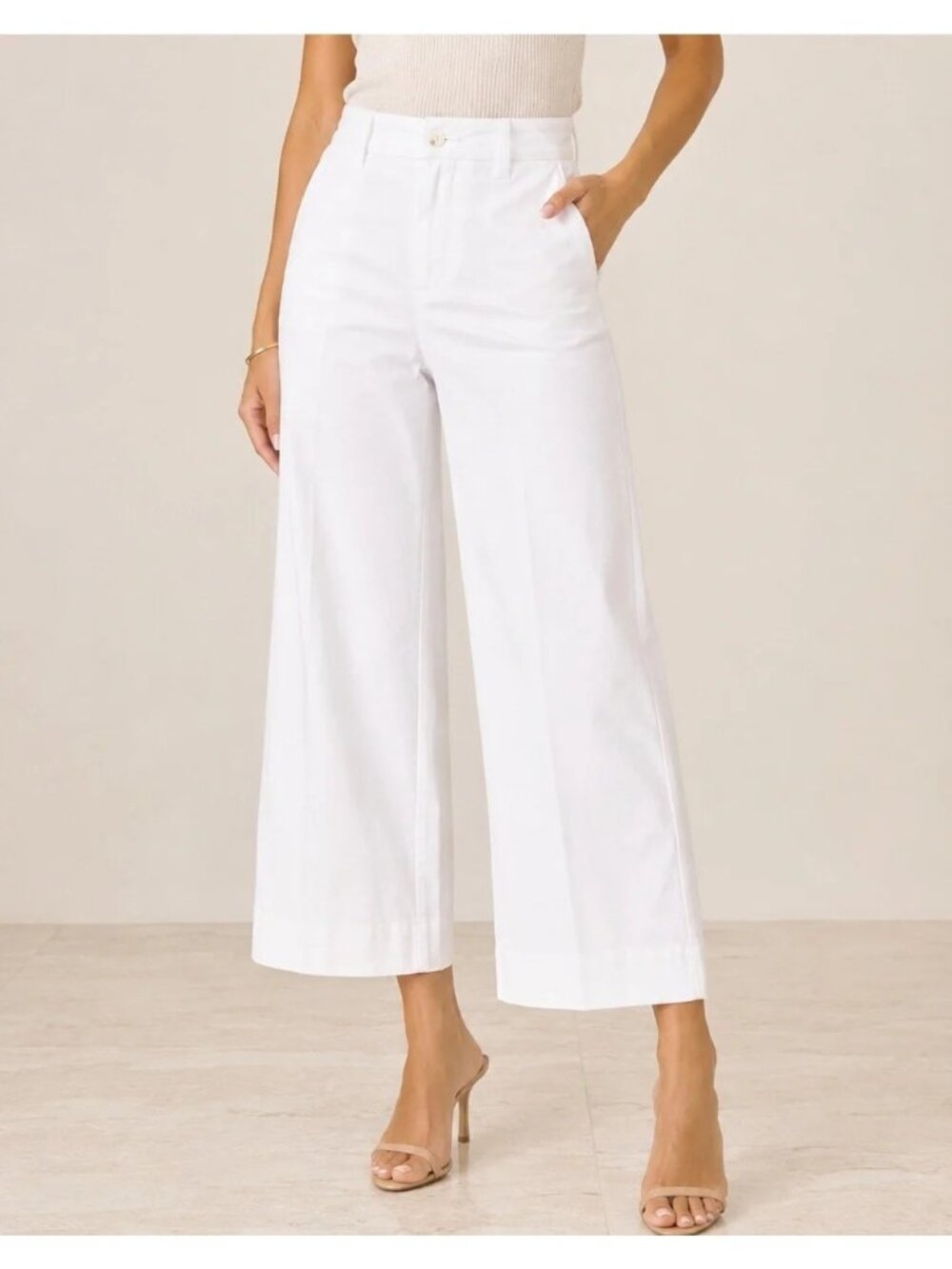 NEW Spanx Stretch Twill Wide-Leg Crop Ankle White Pants Large Lightweight